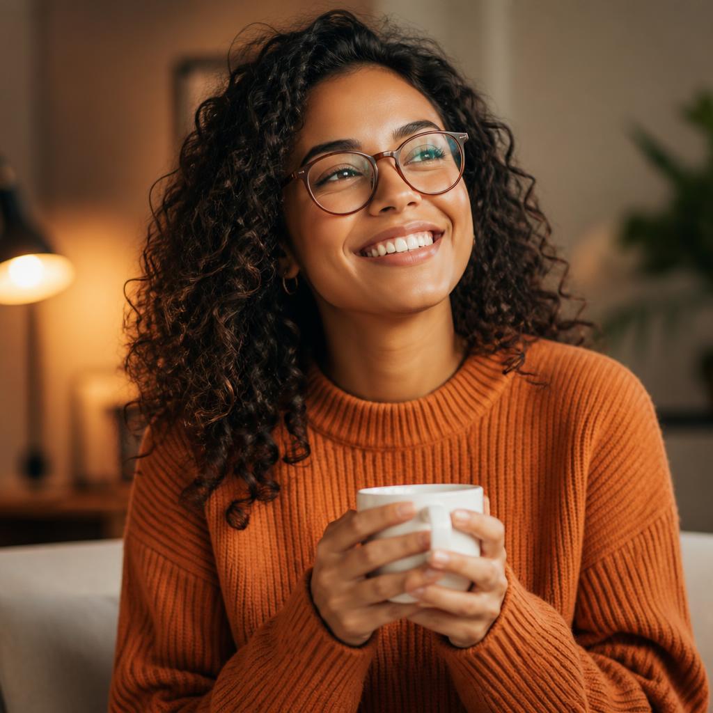 Mulher sorrindo segurando uma caneca de café